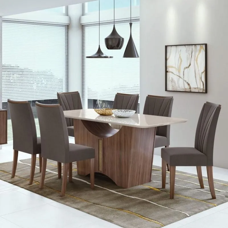 Conjunto Sala de Jantar Mesa Tampo de Vidro Rock 6 Cadeiras Apogeu Móveis Lopas Imbuia Naturale/Off White/Velvet Light Marron