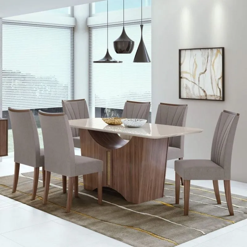 Conjunto Sala de Jantar Mesa Tampo de Vidro Rock 6 Cadeiras Apogeu Móveis Lopas Imbuia Naturale/Off White/Velvet Soft Riscado
