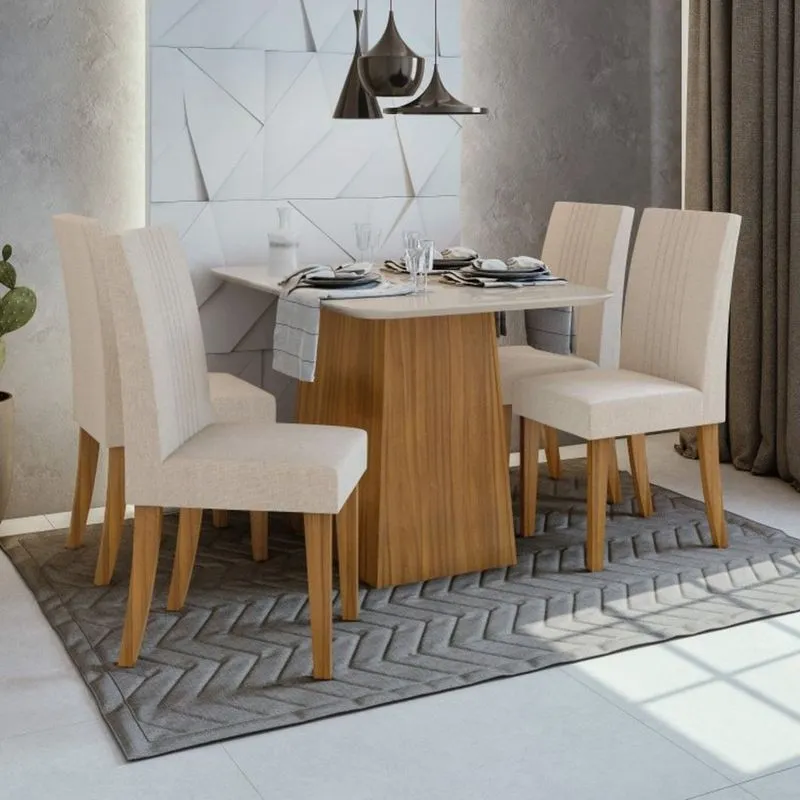 Conjunto Sala de Jantar Mesa Tampo de Vidro Nevada 4 Cadeiras Rock Móveis Lopas Rovere Naturale/Off White/Linho Rinzai Bege