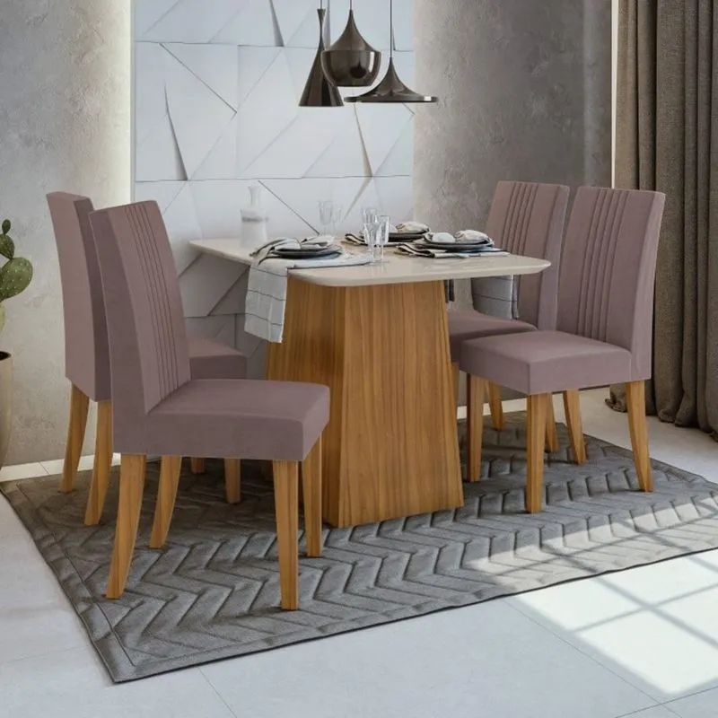 Conjunto Sala de Jantar Mesa Tampo de Vidro Nevada 4 Cadeiras Rock Móveis Lopas Rovere Naturale/Off White/Velvet Rosê