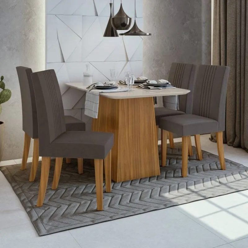 Conjunto Sala de Jantar Mesa Tampo de Vidro Nevada 4 Cadeiras Rock Móveis Lopas Rovere Naturale/Off White/Velvet Light Marron