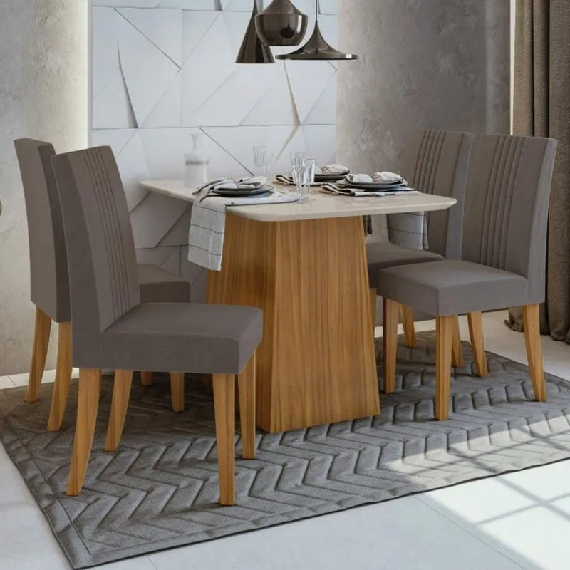 Conjunto Sala de Jantar Mesa Tampo de Vidro Nevada 4 Cadeiras Rock Móveis Lopas Rovere Naturale/Off White/Velvet Soft Café