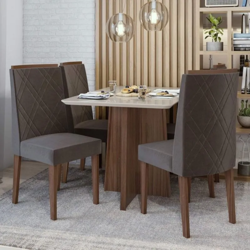 Conjunto Sala de Jantar Mesa Tampo de Vidro Celebrare 4 Cadeiras Privilege Móveis Lopas Imbuia Naturale/Off White/Velvet Light Marron