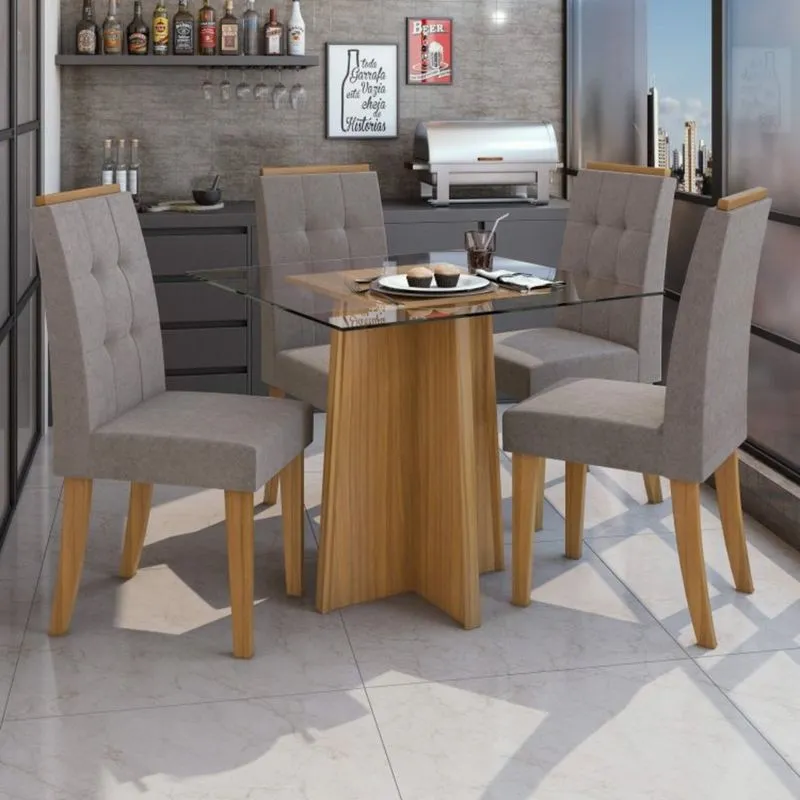 Conjunto Sala de Jantar Mesa Tampo de Vidro 4 Cadeiras Celebrare Móveis Lopas Rovere Naturale/Off White/Velvet Soft Riscado