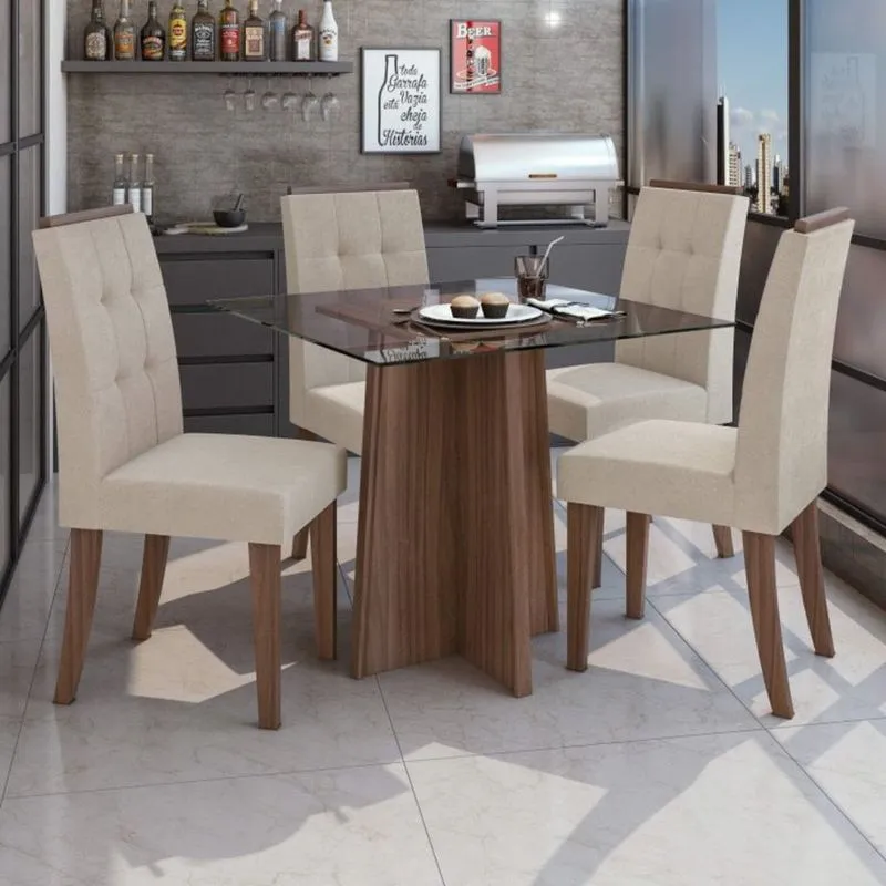 Conjunto Sala de Jantar Mesa Tampo de Vidro 4 Cadeiras Celebrare Móveis Lopas Imbuia Naturale/Off White/Veludo Naturale Creme