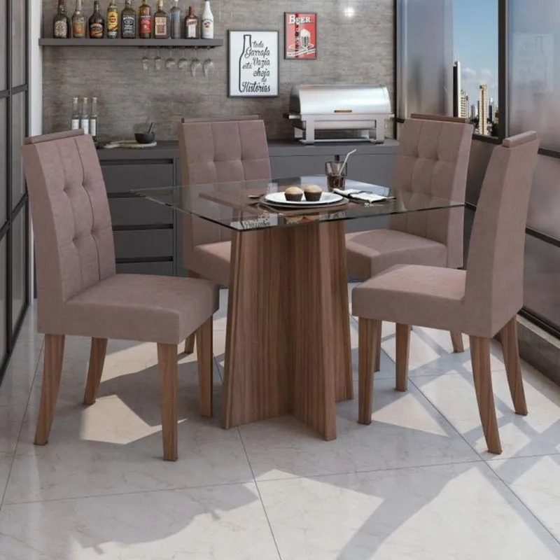 Conjunto Sala de Jantar Mesa Tampo de Vidro 4 Cadeiras Celebrare Móveis Lopas Imbuia Naturale/Off White/Velvet Rosê