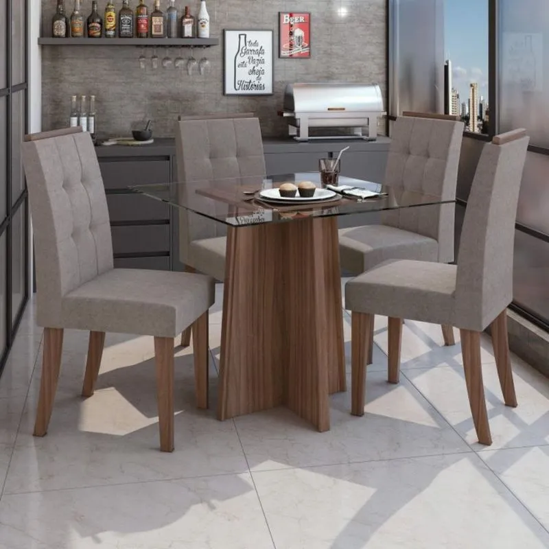 Conjunto Sala de Jantar Mesa Tampo de Vidro 4 Cadeiras Celebrare Móveis Lopas Imbuia Naturale/Off White/Velvet Soft Riscado