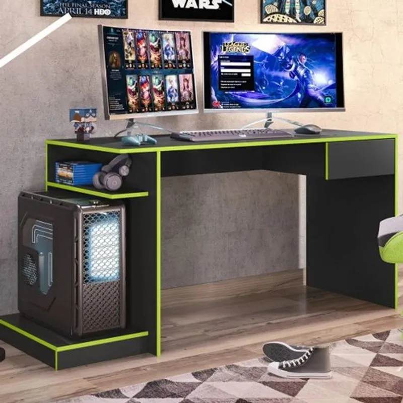 Mesa Gamer Escrivaninha 1 Gaveta Rubi Belaflex Preto Fosco/Verde