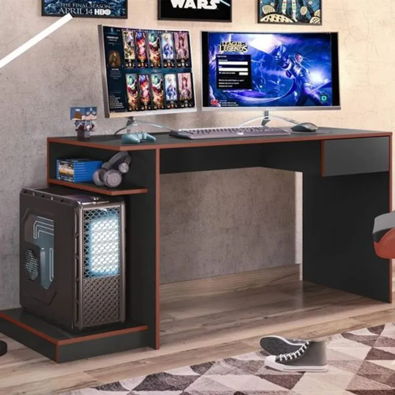 Mesa Gamer Escrivaninha 1 Gaveta Rubi Belaflex Preto/Vermelho