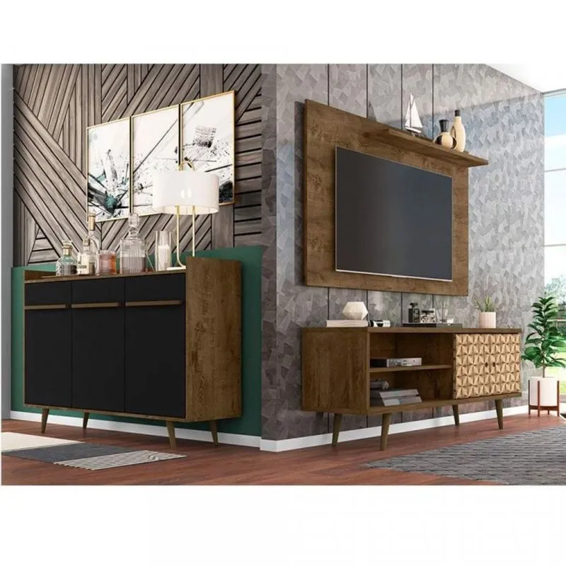 Conjunto Rack com Painel para TV até 50 Polegadas e Aparador Móveis Bechara Madeira Rústica/Madeira 3D/Preto Fosco