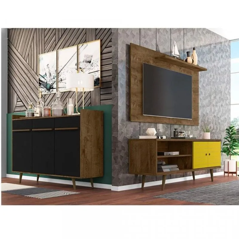 Conjunto Rack com Painel para TV até 50 Polegadas e Aparador Móveis Bechara Madeira Rústica/Amarelo/Preto Fosco