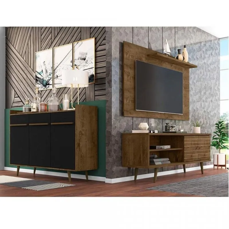 Conjunto Rack com Painel para TV até 50 Polegadas e Aparador Móveis Bechara Madeira Rústica/Preto Fosco