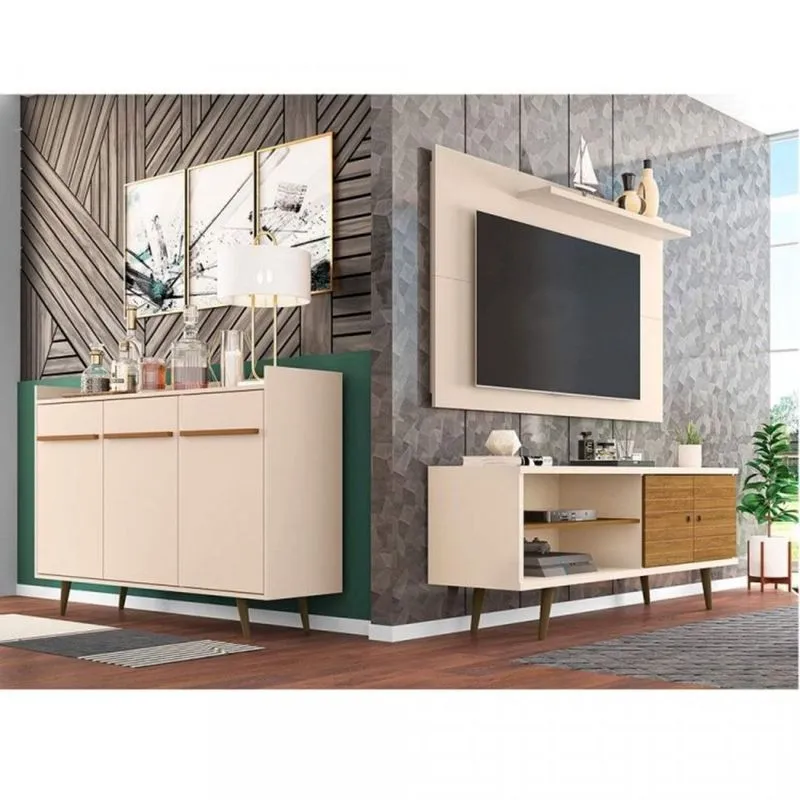 Conjunto Rack com Painel para TV até 50 Polegadas e Aparador Móveis Bechara Off White/Cinamomo