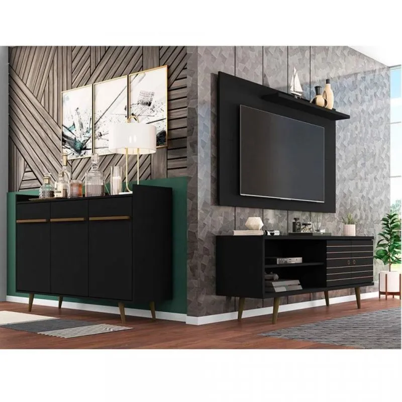 Conjunto Rack com Painel para TV até 50 Polegadas e Aparador Móveis Bechara Preto Fosco