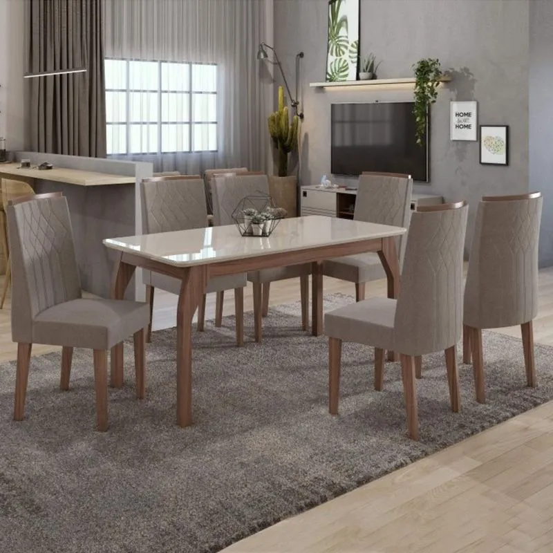 Conjunto Sala de Jantar Mesa Tampo de Vidro Saara 6 Cadeiras Exclusive Móveis Lopas Imbuia Naturale/Off White/Suede Animale Bege