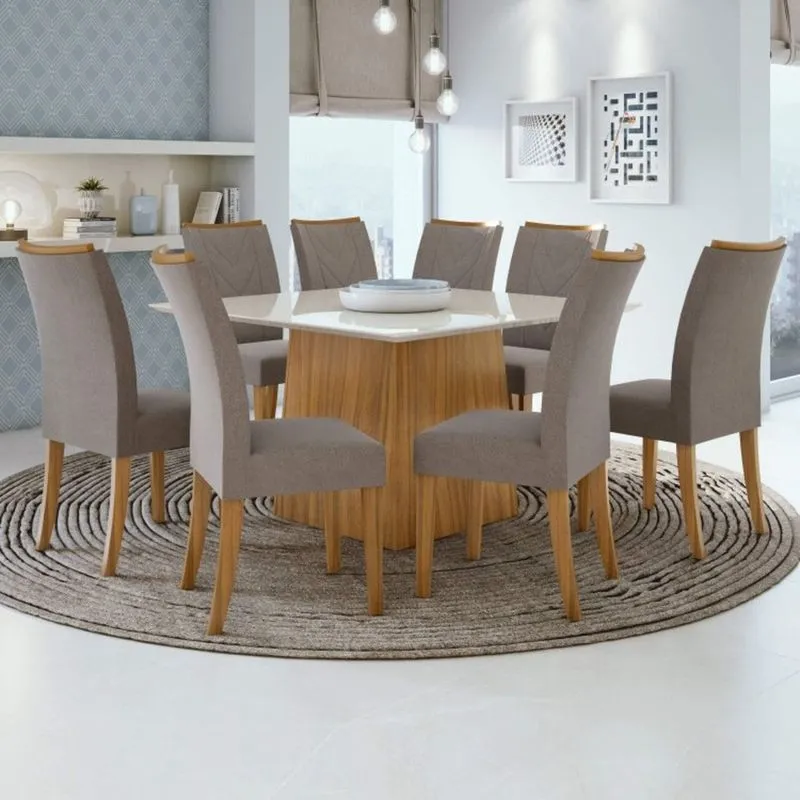 Conjunto Sala de Jantar Mesa Tampo de Vidro Nevada 8 Cadeiras Atacama Móveis Lopas Rovere Naturale/Off White/Suede Animale Bege
