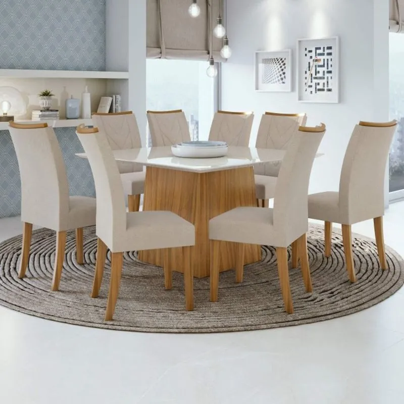 Conjunto Sala de Jantar Mesa Tampo de Vidro Nevada 8 Cadeiras Atacama Móveis Lopas Rovere Naturale/Off White/Veludo Naturale Creme