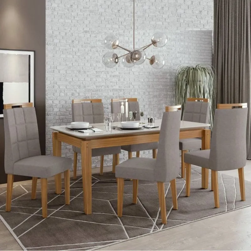 Conjunto Sala de Jantar Mesa Tampo de Vidro Aries 6 Cadeiras Nevada Móveis Lopas Rovere Naturale/Off White/Velvet Soft Riscado