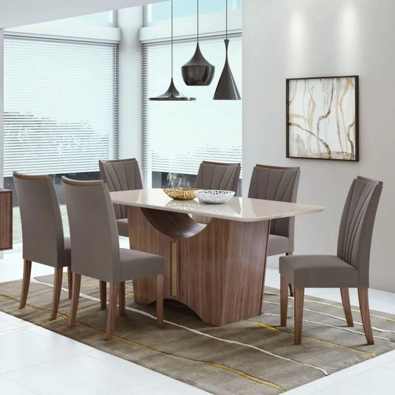 Conjunto Sala de Jantar Mesa Tampo de Vidro Rock 6 Cadeiras Apogeu Móveis Lopas Imbuia Naturale/Off White/Velvet Soft Café