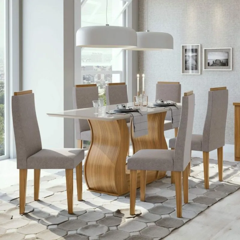 Conjunto Sala de Jantar Mesa Tampo de Vidro 6 Cadeiras Dafne Móveis Lopas Rovere Naturale/Off White/Velvet Soft Riscado