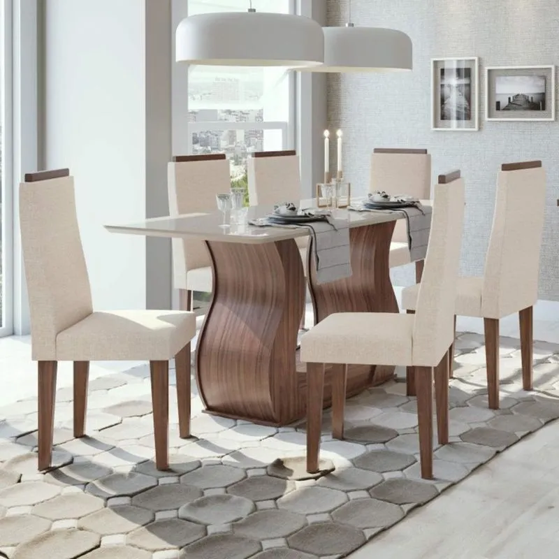 Conjunto Sala de Jantar Mesa Tampo de Vidro 6 Cadeiras Dafne Móveis Lopas Imbuia Naturale/Off White/Linho Rinzai Bege