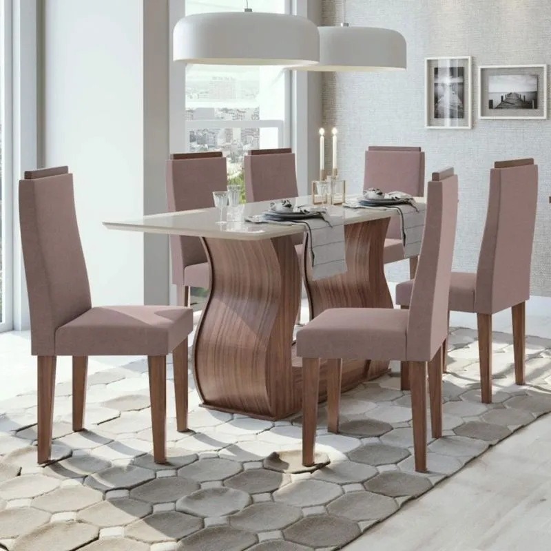 Conjunto Sala de Jantar Mesa Tampo de Vidro 6 Cadeiras Dafne Móveis Lopas Imbuia Naturale/Off White/Velvet Rosê
