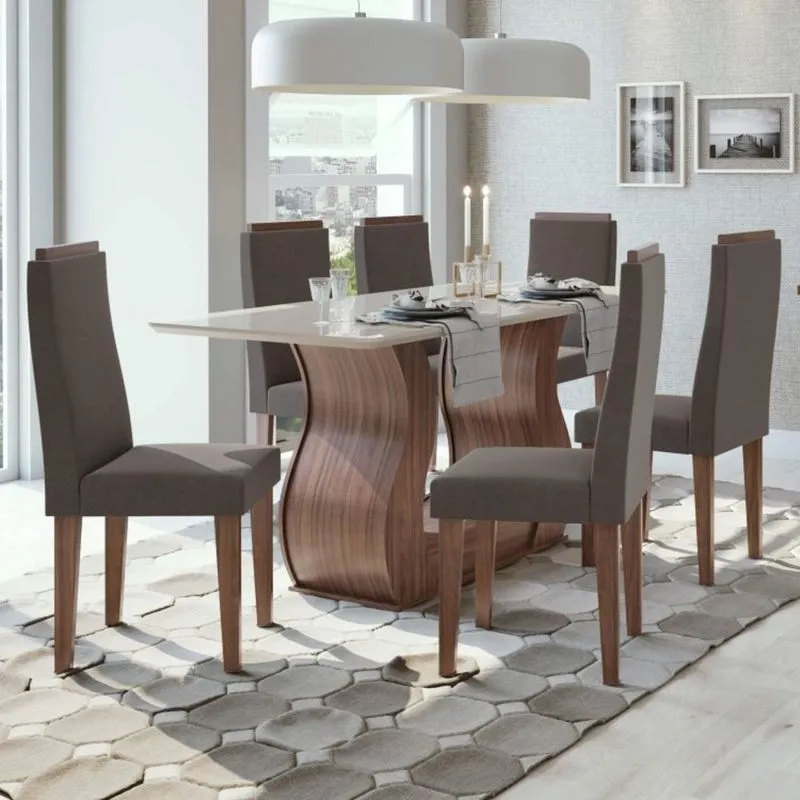 Conjunto Sala de Jantar Mesa Tampo de Vidro 6 Cadeiras Dafne Móveis Lopas Imbuia Naturale/Off White/Velvet Light Marron