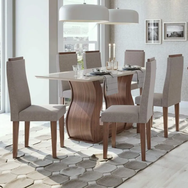 Conjunto Sala de Jantar Mesa Tampo de Vidro 6 Cadeiras Dafne Móveis Lopas Imbuia Naturale/Off White/Velvet Soft Riscado