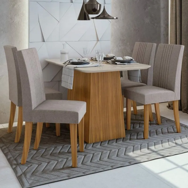 Conjunto Sala de Jantar Mesa Tampo de Vidro Nevada 4 Cadeiras Rock Móveis Lopas Rovere Naturale/Off White/Velvet Soft Riscado