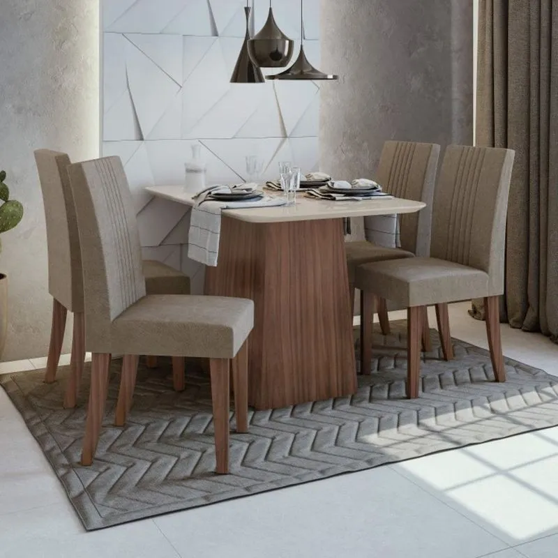 Conjunto Sala de Jantar Mesa Tampo de Vidro Nevada 4 Cadeiras Rock Móveis Lopas Imbuia Naturale/Off White/Suede Animale Bege