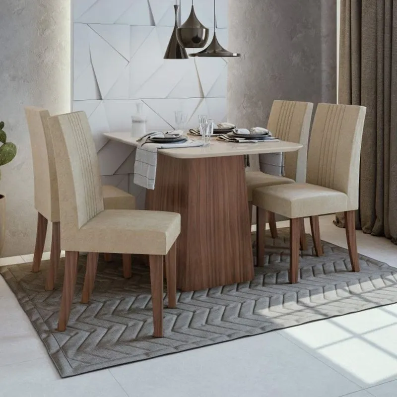 Conjunto Sala de Jantar Mesa Tampo de Vidro Nevada 4 Cadeiras Rock Móveis Lopas Imbuia Naturale/Off White/Veludo Naturale Creme