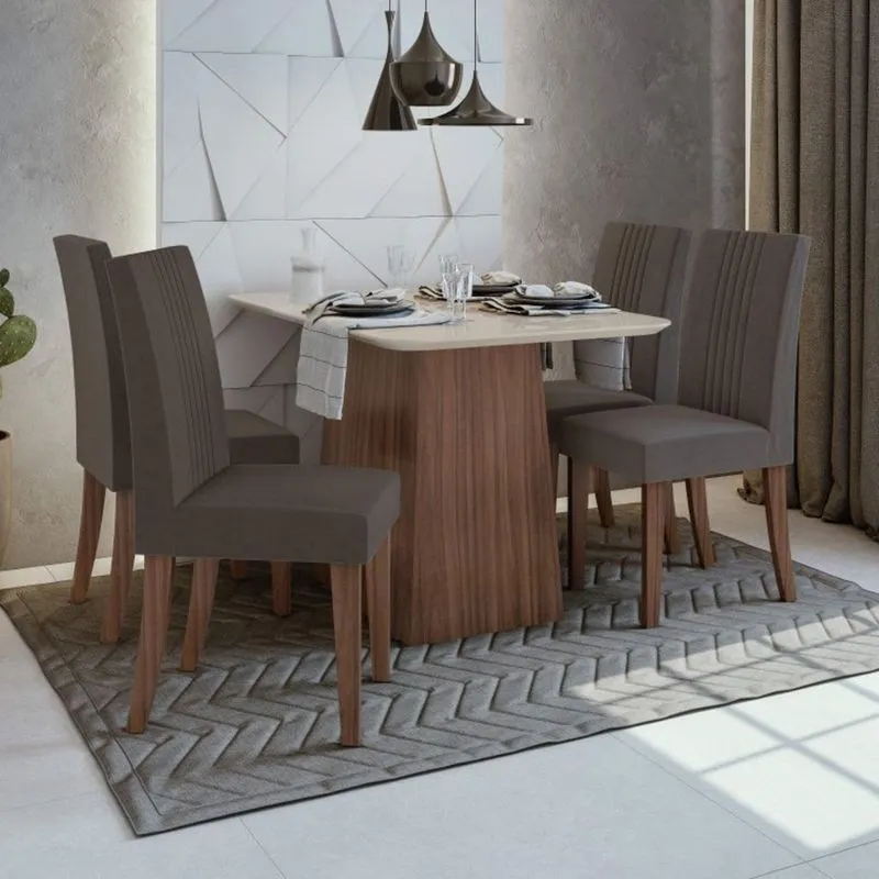 Conjunto Sala de Jantar Mesa Tampo de Vidro Nevada 4 Cadeiras Rock Móveis Lopas Imbuia Naturale/Off White/Velvet Light Marron