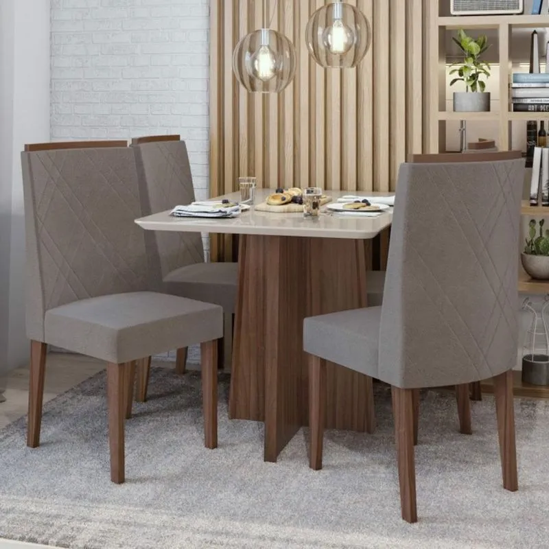 Conjunto Sala de Jantar Mesa Tampo de Vidro Celebrare 4 Cadeiras Privilege Móveis Lopas Imbuia Naturale/Off White/Suede Animale Bege