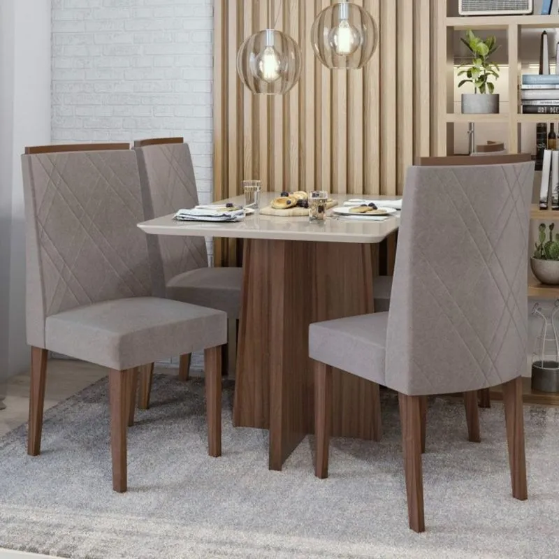 Conjunto Sala de Jantar Mesa Tampo de Vidro Celebrare 4 Cadeiras Privilege Móveis Lopas Imbuia Naturale/Off White/Velvet Soft Riscado