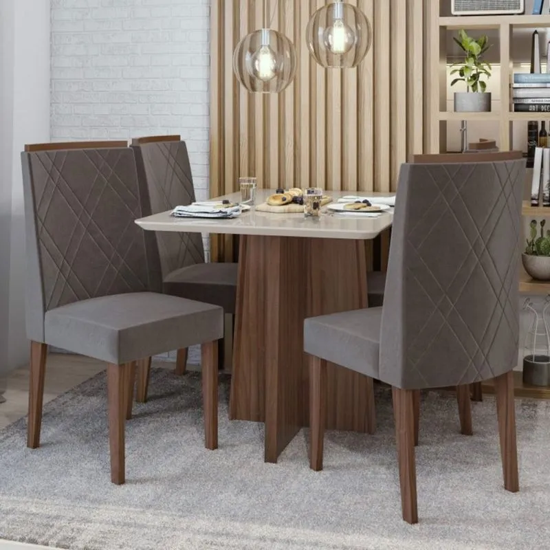 Conjunto Sala de Jantar Mesa Tampo de Vidro Celebrare 4 Cadeiras Privilege Móveis Lopas Imbuia Naturale/Off White/Velvet Soft Café