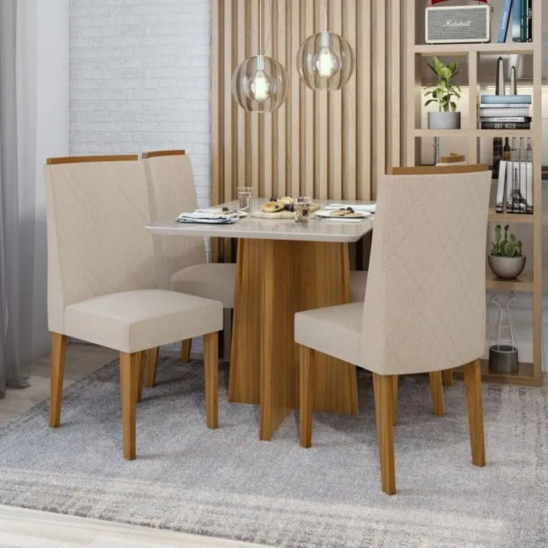Conjunto Sala de Jantar Mesa Tampo de Vidro Celebrare 4 Cadeiras Privilege Móveis Lopas Rovere Naturale/Off White/Linho Rinzai Bege