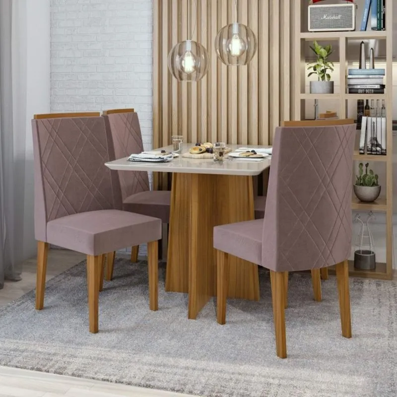 Conjunto Sala de Jantar Mesa Tampo de Vidro Celebrare 4 Cadeiras Privilege Móveis Lopas Rovere Naturale/Off White/Velvet Rosê