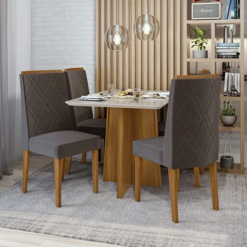 Conjunto Sala de Jantar Mesa Tampo de Vidro Celebrare 4 Cadeiras Privilege Móveis Lopas Rovere Naturale/Off White/Velvet Light Marron