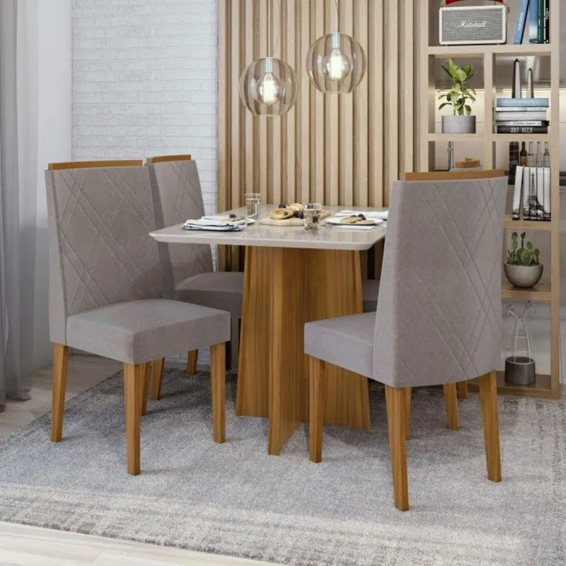 Conjunto Sala de Jantar Mesa Tampo de Vidro Celebrare 4 Cadeiras Privilege Móveis Lopas Rovere Naturale/Off White/Velvet Soft Riscado
