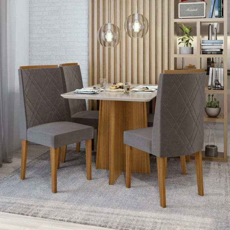 Conjunto Sala de Jantar Mesa Tampo de Vidro Celebrare 4 Cadeiras Privilege Móveis Lopas Rovere Naturale/Off White/Velvet Soft Café