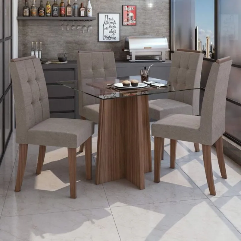 Conjunto Sala de Jantar Mesa Tampo de Vidro Celebrare 4 Cadeiras Celebrare Móveis Lopas Imbuia Naturale/Off White/Suede Animale Bege