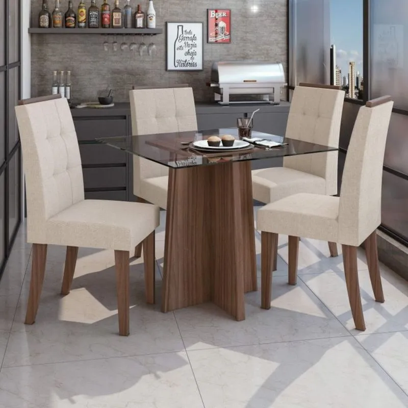 Conjunto Sala de Jantar Mesa Tampo de Vidro Celebrare 4 Cadeiras Celebrare Móveis Lopas Imbuia Naturale/Off White/Linho Rinzai Bege