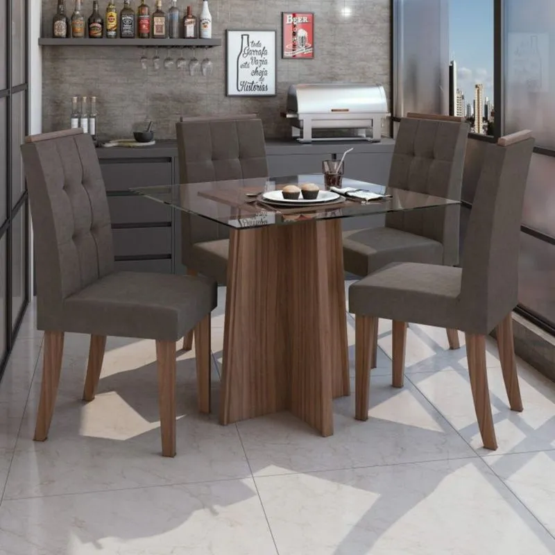 Conjunto Sala de Jantar Mesa Tampo de Vidro Celebrare 4 Cadeiras Celebrare Móveis Lopas Imbuia Naturale/Off White/Velvet Light Marron