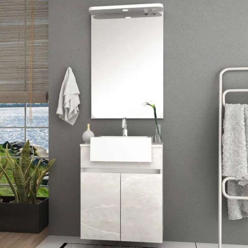 Gabinete para Banheiro com LED, Cuba e Espelheira 60cm Cora Móveis Bosi Reale/Branco