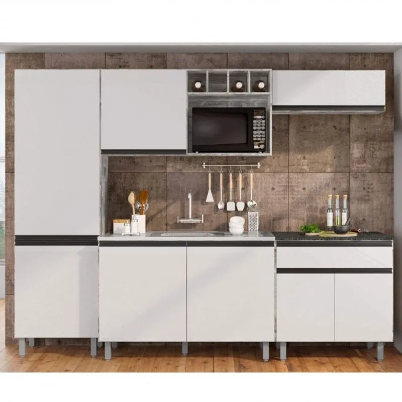 Cozinha Completa 5 Peças 8 Portas com Balcão Cuba Ibiza Poliman Concreto/Branco