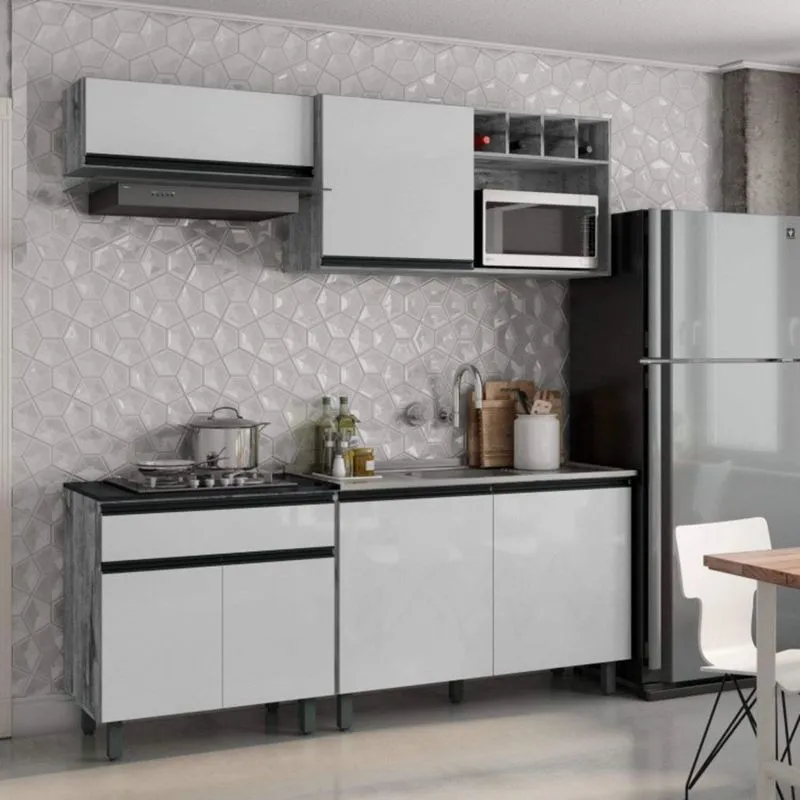 Cozinha Completa 4 Peças 6 portas com Balcão Cuba Ibiza Poliman Concreto/Branco