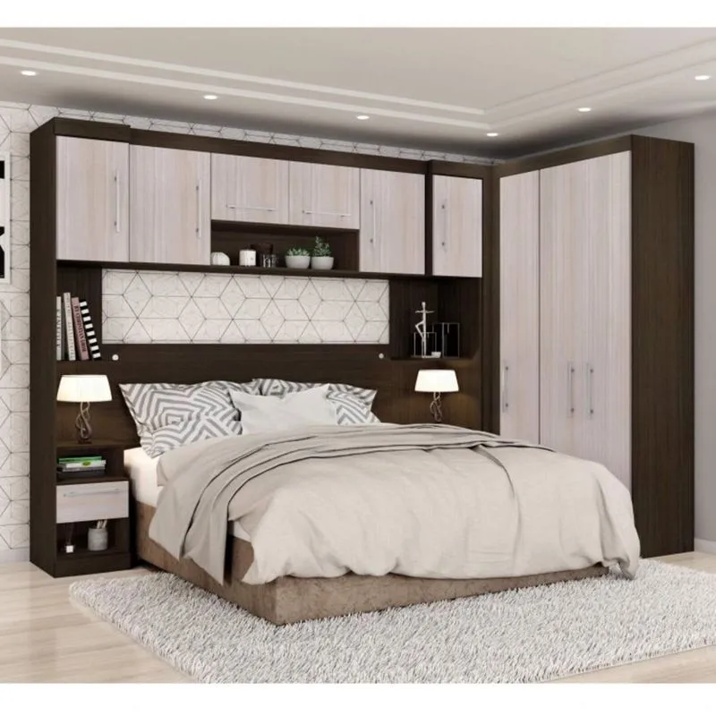 Quarto Modulado Casal de Canto 6 Peças 9 Portas Star Poliman Amêndoa/Arena