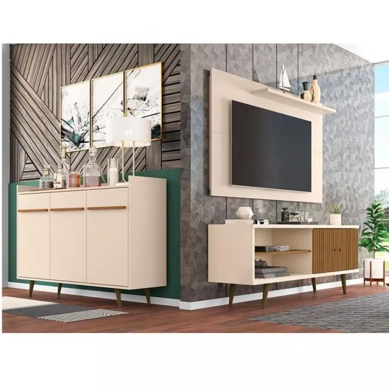 Conjunto Rack com Painel para TV até 50 Polegadas e Aparador Móveis Bechara Off White/Cinamomo/Ripado