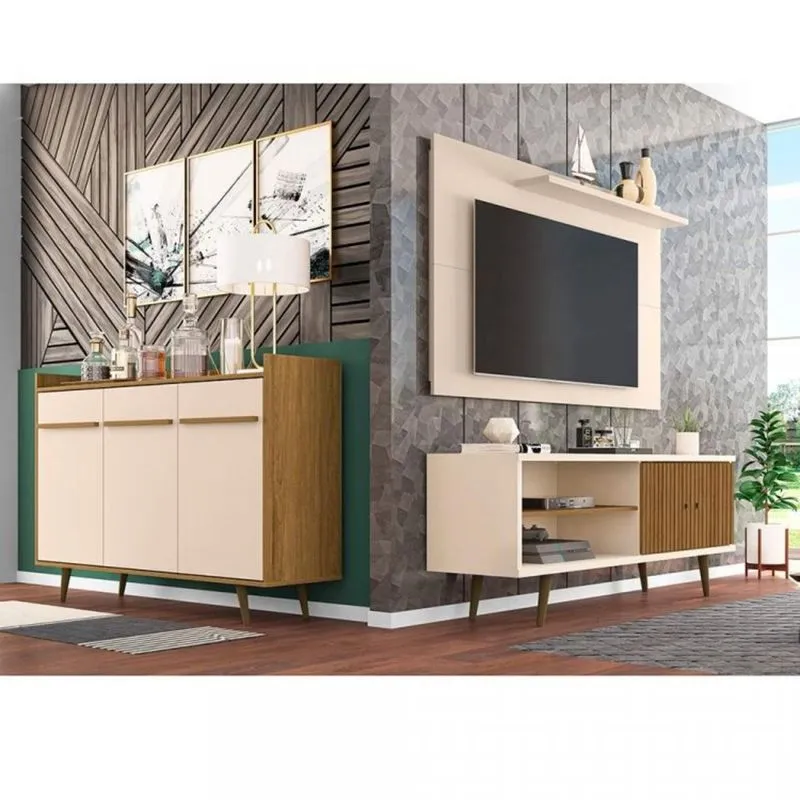 Conjunto Rack com Painel para TV até 50 Polegadas e Aparador Móveis Bechara Off White/Cinamomo/Ripado
