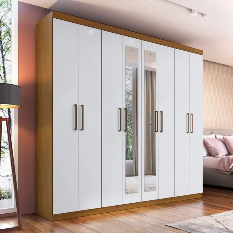 Guarda Roupa 8 Portas 2 Gavetas e Espelho Jaú Espresso Móveis Amadeirado / Branco